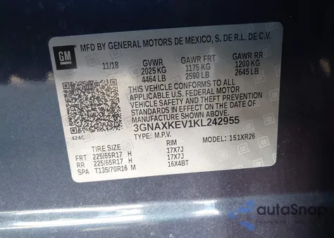 2019 Chevrolet Equinox Lt from USA, damaged, VIN 3GNAXKEV1KL242955